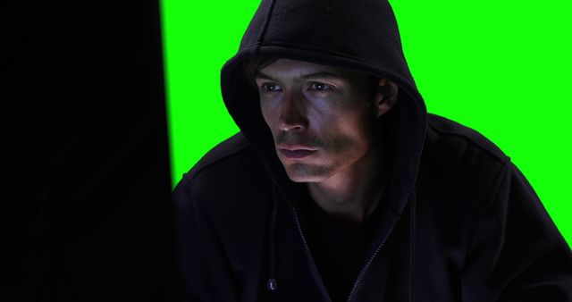 A male Caucasian hacker in a black hood using a computers, green screen in the background. Computer programming and cyber security. 