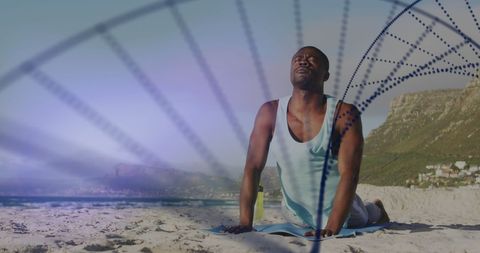 Fit Man Meditating on Beach with Serene Background