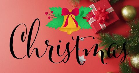 Festive Christmas Decorations on Red Background