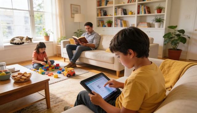 Family relaxing at home, boy using tablet while sibling playing with blocks and parent reading