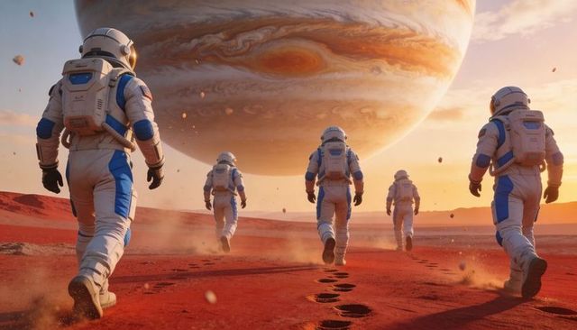 Five Astronauts Trekking Across Red Planet Surface Toward Massive Gas Giant Overhead
