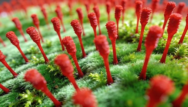 Macro of red moss sporophytes rising from lush green moss with textured dewy cushions
