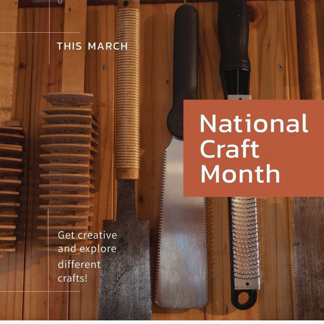 Composition of national craft month text over tools in workshop. National craft month, craftsmanship and small business concept.