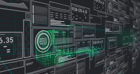 Displaying neon green holographic HUD and wireframe data grid for futuristic analytics