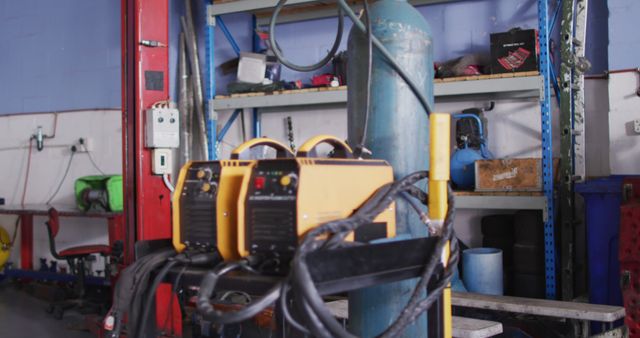 Image shows an industrial workshop with welding machines on a shelf and organized workspace in the background. Useful for articles or content related to manufacturing, engineering, industrial environments, and equipment maintenance.