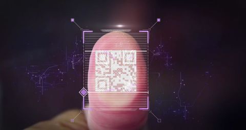 Biometric Fingerprint with QR Code Overlays on Black Background