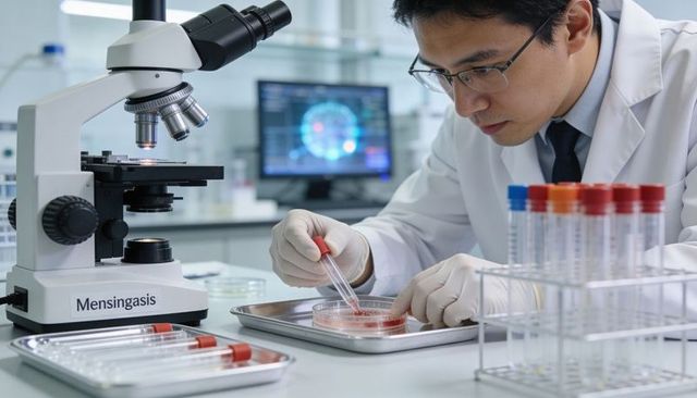 Researcher pipetting red culture into petri dish under microscope with test tubes