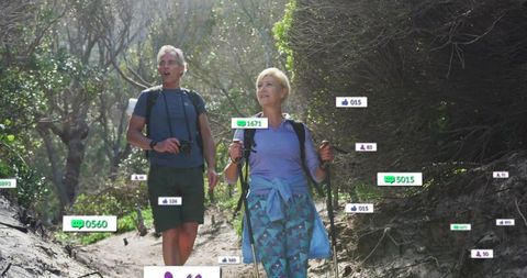 Senior Couple Hiking in Nature with Social Media Graphics Overlay