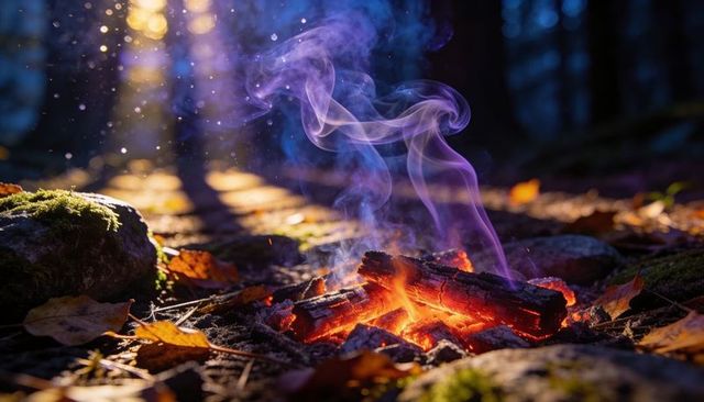 Smoldering embers emitting purple smoke on autumn forest floor with sunbeams