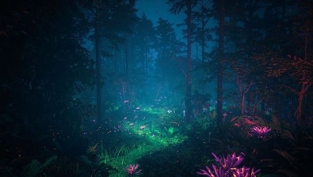 Misty forest with glowing flora and fireflies - enchanting atmosphere