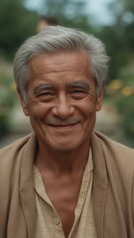 Smiling senior man nodding for vertical video portrait in garden with soft bokeh