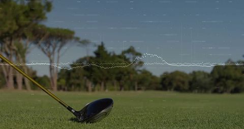 Golf driver resting on fairway featuring lush green scenery