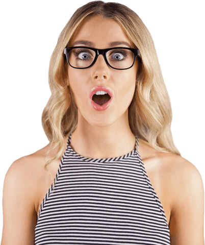 Surprised woman with glasses on transparent background isolated