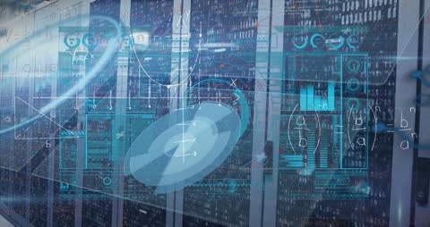 Futuristic Data Processing Overlaying Server Room