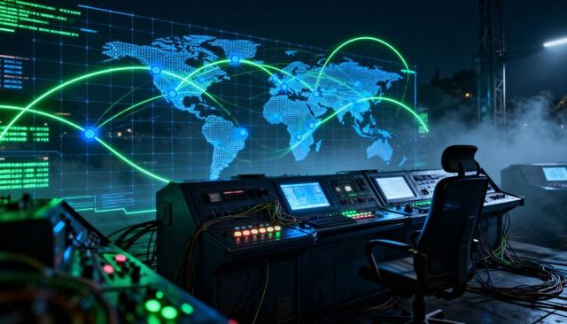 Futuristic command console with holographic world map, glowing network arcs, vacant chair