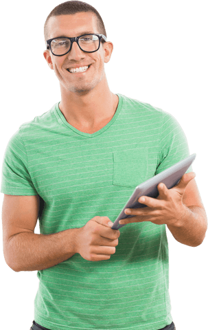 Smiling Man with Glasses Using Digital Tablet on Transparent Background - Download Free Stock Videos Pikwizard.com