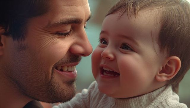 Father laughing warmly with joyful infant, bonding moment