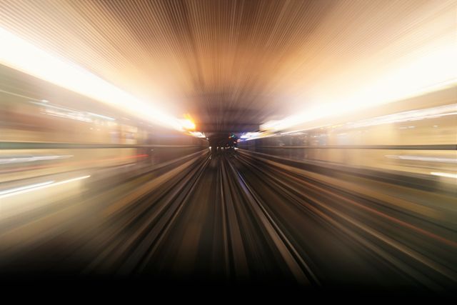 Dynamic visual of subway tunnel with intense motion blur and lights. Ideal for concepts of speed, urban transportation, and modern city life. Excellent use for technology content, travel websites, and advertisements focusing on fast services or futuristic themes.