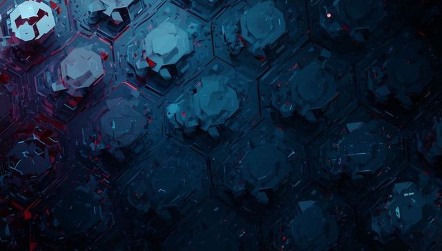 Glowing hexagonal honeycomb panel featuring faceted beveled modules and red flecks in deep blue