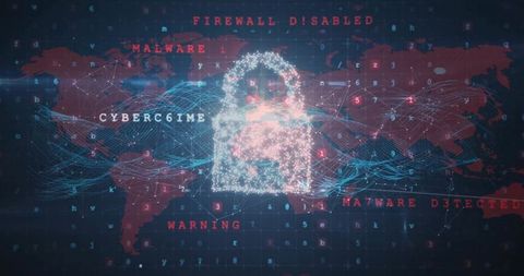 Glowing digital padlock over global network with malware alerts and cybersecurity breach