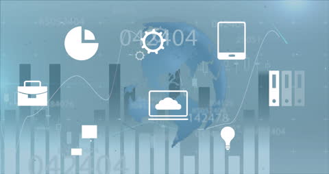 Digital Data Visualization with Icons and World Overlay