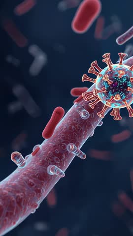 Zooming microscopic vertical video of virus aligning spikes and docking on filament