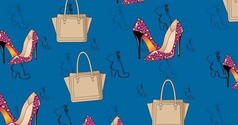 Seamless pattern with high heels and handbags on blue background