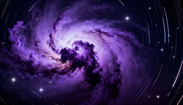 Violet spiral nebula swirling with luminous core and radial star trails for sci-fi posters