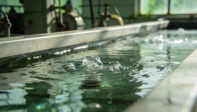 Bubbling water in stainless steel trough creating concentric ripples for pump testing