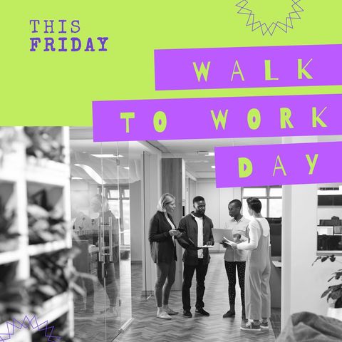 This image can be used to promote workplace health and wellness campaigns, specifically on Walk to Work Day. It features diverse business professionals in a modern office environment, emphasizing teamwork and corporate communication. Ideal for use in HR newsletters, company blogs, and social media posts encouraging employees to participate in office wellness programs.