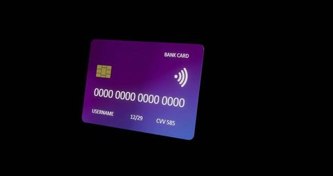 Floating purple-blue contactless bank card with emv chip and modern gradient tilt