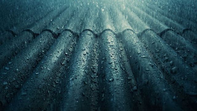 Rain-soaked Corrugated Metal Roof with Reflective Surfaces