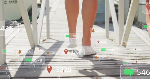 Teen walking on dock with modern digital graphic overlay