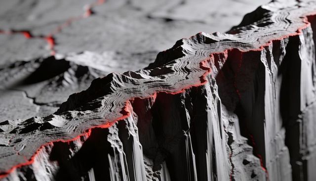 Glowing red fissure cutting jagged monochrome ridge, high-contrast abstract terrain