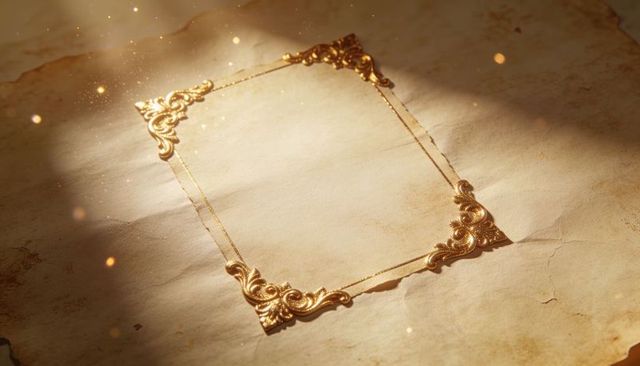 Ornate gold frame resting on aged parchment with gilded corners and vintage vellum