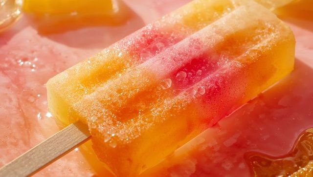 Refreshing fruit popsicle on pink surface with melted juice
