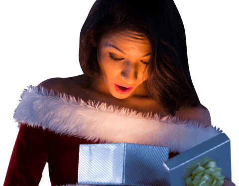 Joyful surprise: woman opening christmas gift on transparent background