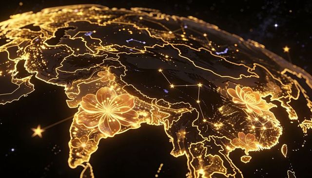 Golden night map of south and east asia with glowing city lights and floral constellations