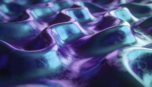 Glossy iridescent undulating metallic grid with purple cyan highlights and macro texture
