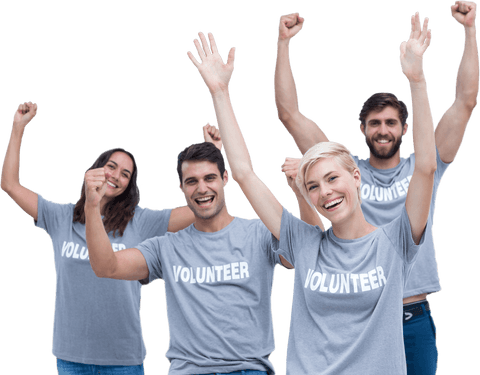 Smiling Volunteers Raising Arms on Transparent Background