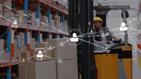 Warehouse Worker Operating Forklift with Network Overlay