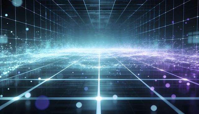 Futuristic neon grid horizon with sparkling data band and reflective wireframe plane