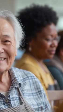 Vertical video showing senior woman smiling, listening, wearing apron in community class