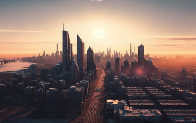 Skyline with modern buildings at sunset, created using generative ai technology. Urban architecture and cityscape concept digitally generated image.
