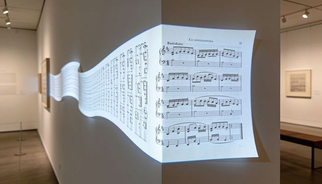 Projected musical score wrapping around gallery corner with soft blue glow