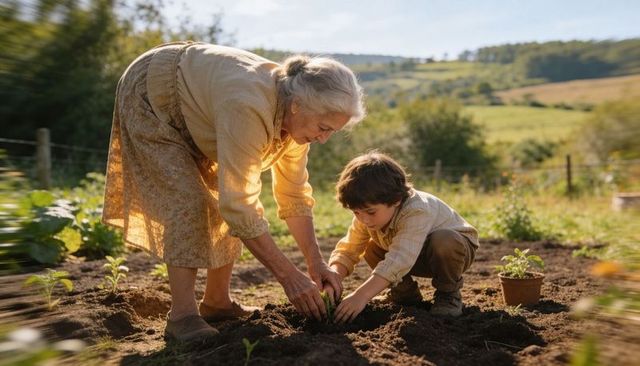 Elderly grandmother guiding grandson planting seedling in sunlit rural garden, nurturing bond
