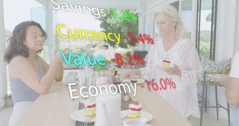 Women sharing desserts on kitchen island with augmented reality finance overlay