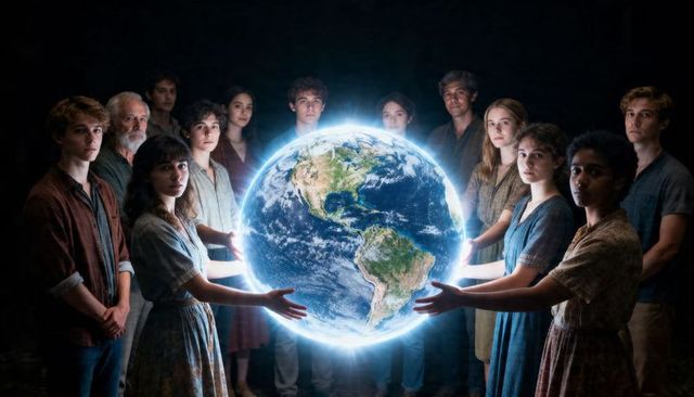 Diverse group gathering around glowing earth globe reaching for unity and global care