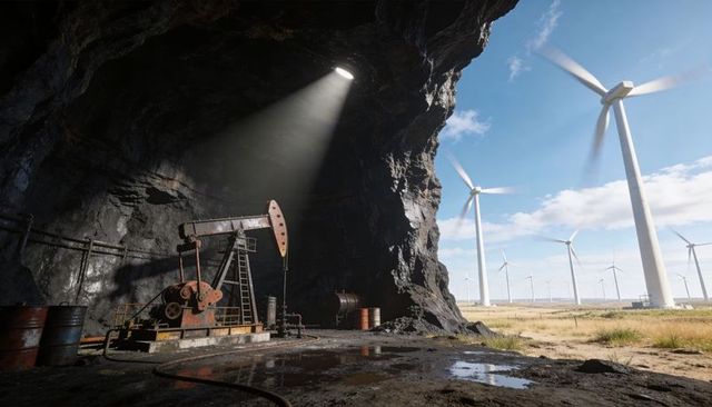 Rusting pumpjack catching sunlight at cavern mouth with wind turbines on horizon
