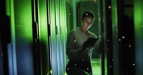 Technician Analyzing Data in Green-Lit Server Room with Fantasy Elements